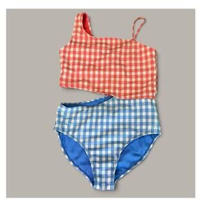 Wonder Nation One Piece Swimsuit Girls Large 10/12 Cutout Gingham Blue Coral